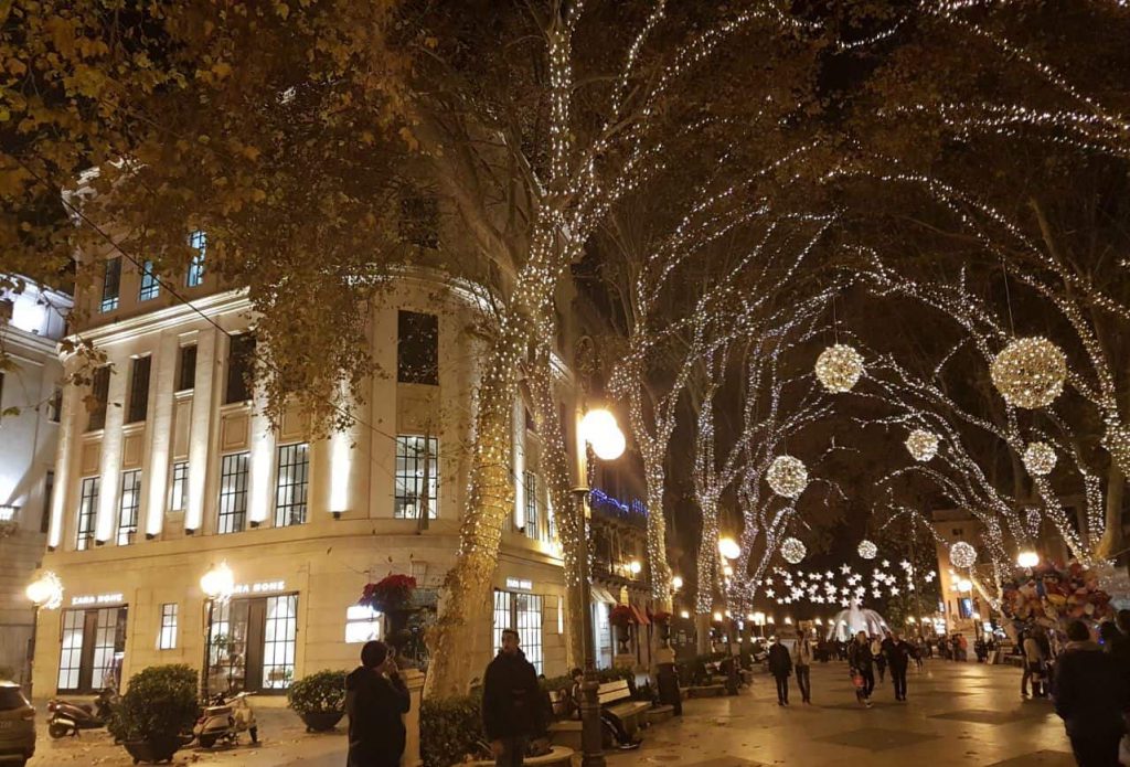 El Paseo del Born de Palma iluminado en Navidad, con bolas de luz colgadas de los plátanos