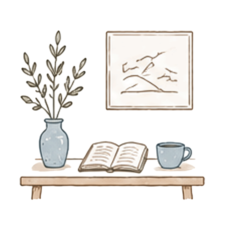 Illustration eines Regals mit Vase, aufgeschlagenem Buch und Tasse
