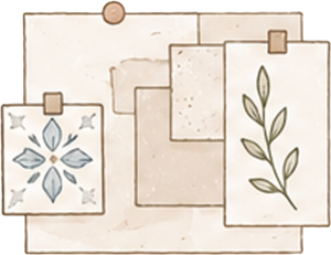 Ilustración en acuarela de un moodboard con muestras de materiales y azulejo