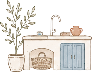 Ilustración en acuarela de una cocina rústica con fregadero, planta y cesta de mimbre