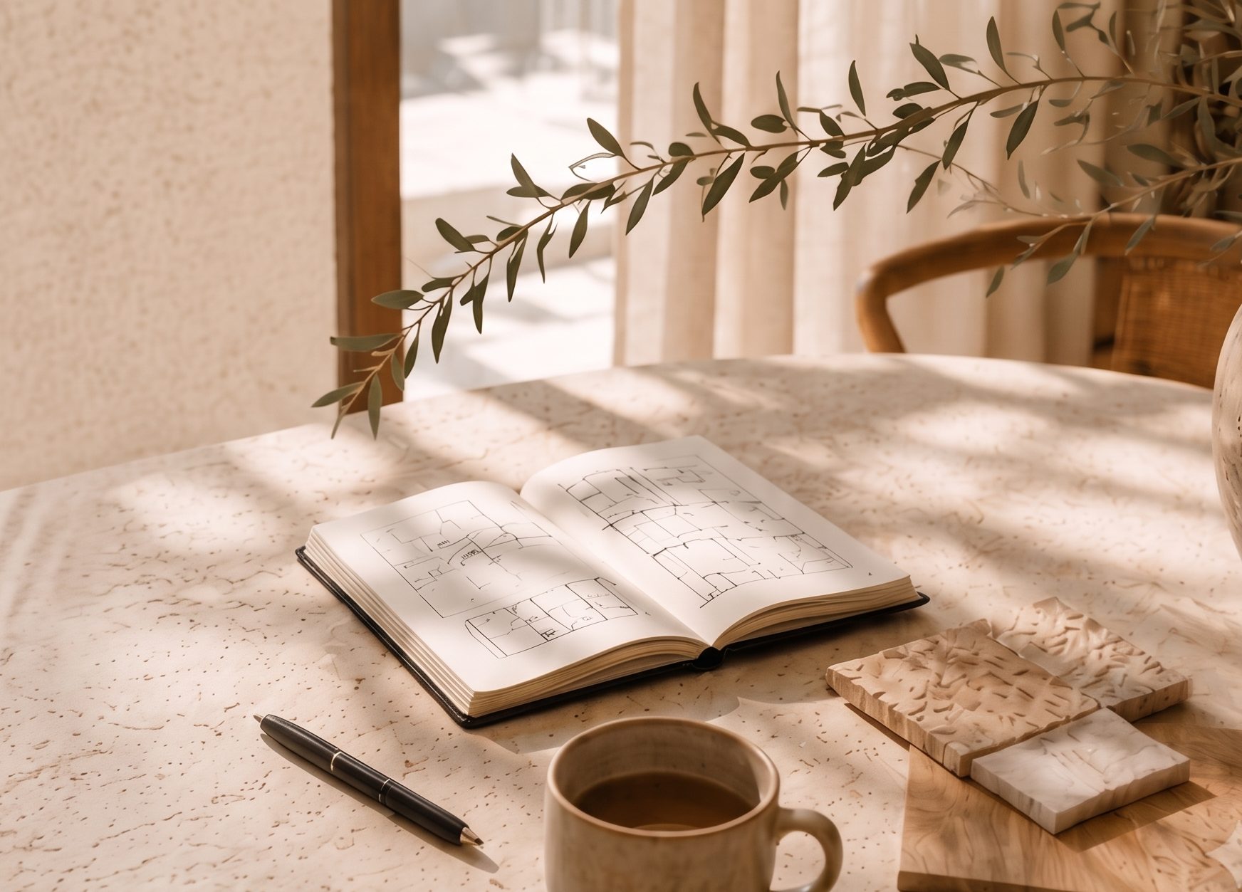 Cuaderno abierto con taza de café y rama de olivo sobre una mesa iluminada por el sol
