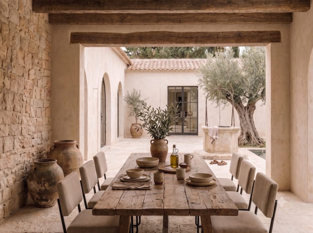 Porche mediterráneo con mesa de comedor rústica, sillas tapizadas y olivo en el patio