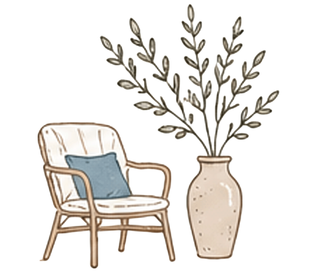 Illustration eines Rattansessels mit Kissen neben einer Vase mit Zweigen
