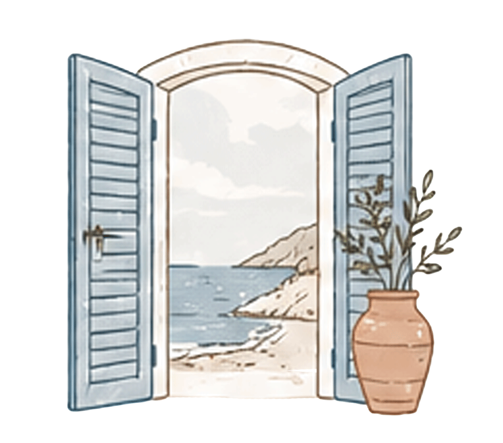 Illustration eines offenen Fensters mit Meerblick und Vase mit Zweigen