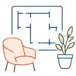 Icono de butaca con plano de vivienda y planta decorativa