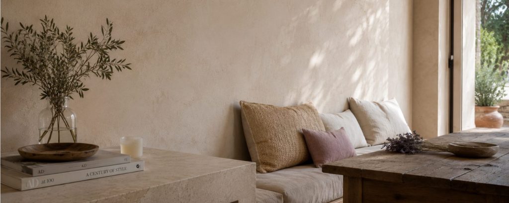 Banco de obra con cojines de lino y rama de olivo sobre pared de estuco, decoración mediterránea